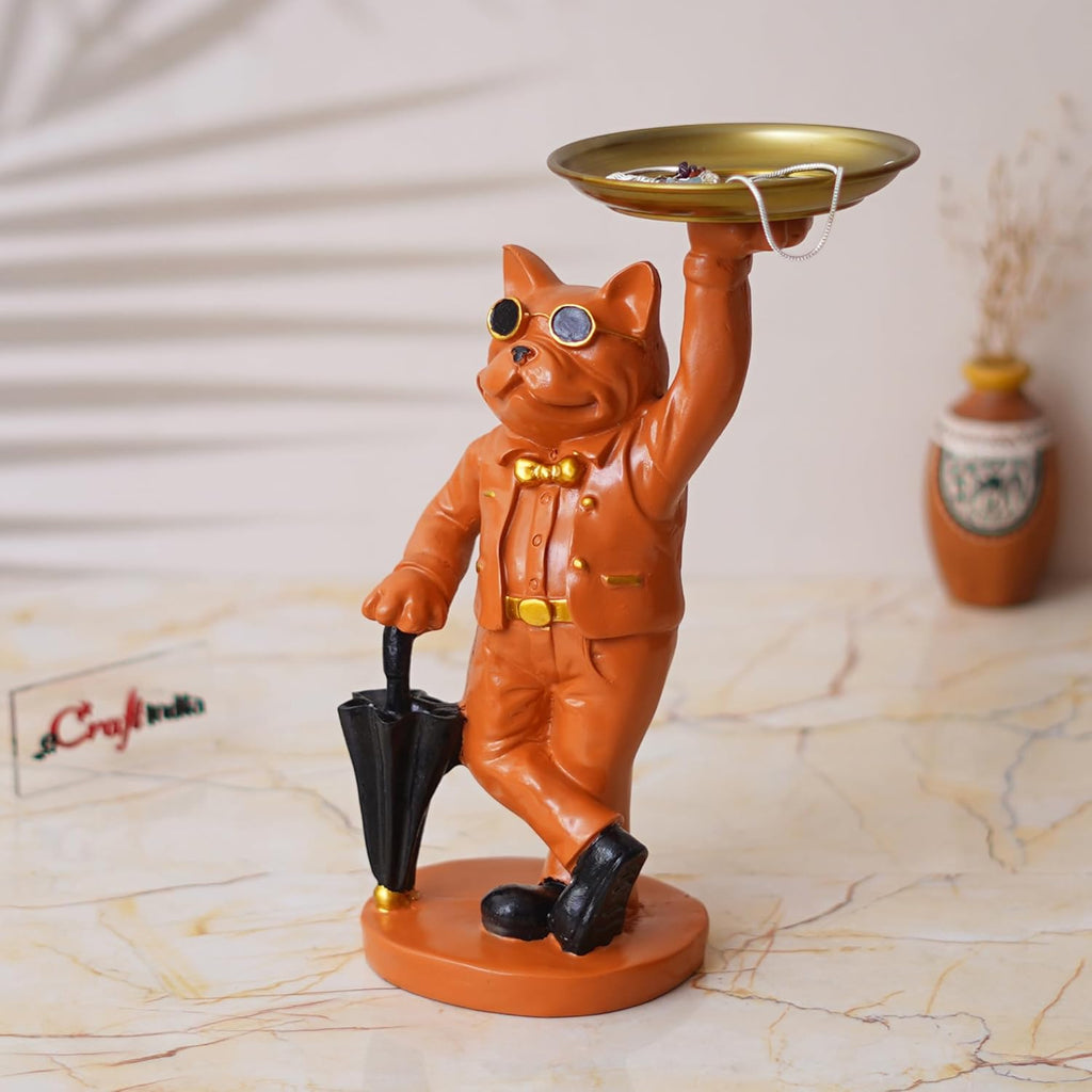 Ecraftindia Orange Bulldog Statue in Glasses Holding Black Umbrella and Tray in Hands Table Top Decorative Showpiece