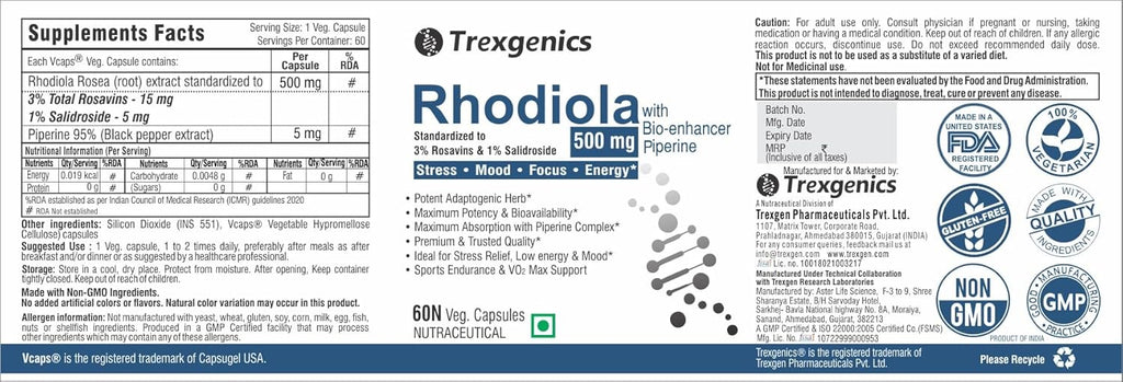 Trexgenics Rhodiola Rosea Standardized 500mg Premium Adaptogen Complex with Piperine (60 Veg.Capsules) (1)