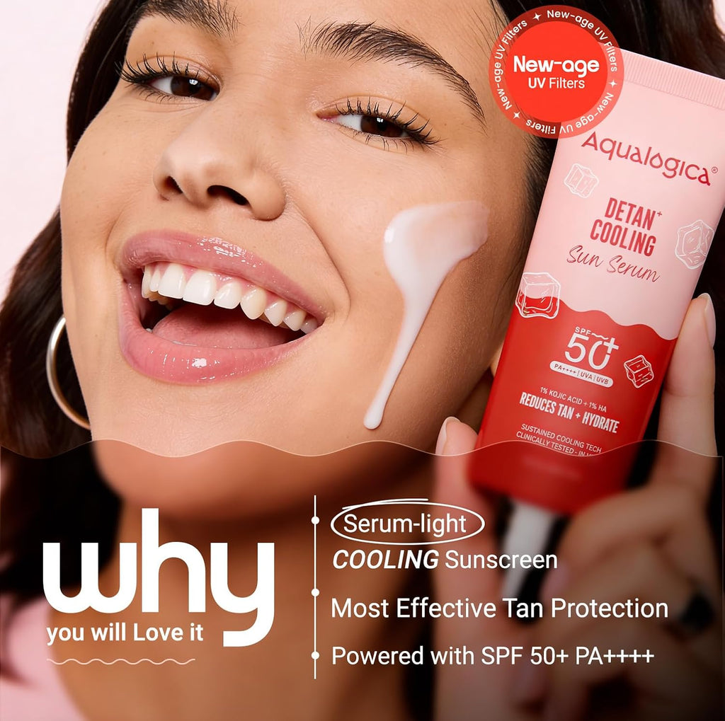 Aqualogica Detan+ Cooling Sun Serum 50g | SPF 50+ PA++++ | 1% Kojic Acid & 1% Hyaluronic Acid | Photostable UV Filters | Serum-Light Texture | Instant Cooling | Tan Protection | Triple Cooling Technology | In-Vivo Tested | Papaya Extract