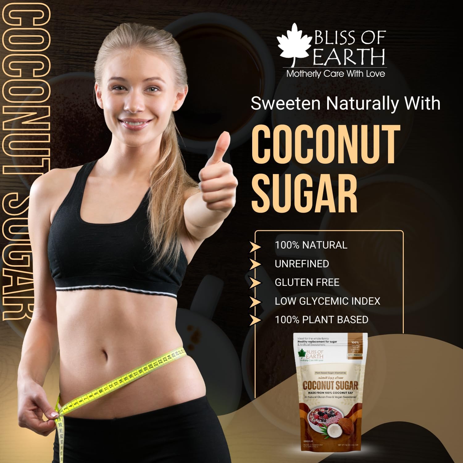 Bliss of Earth Coconut Sugar Organic 454gm | Natural Unrefined & Vegan Palm Sugarg Sweetener | Gluten-Free & Keto Friendly Sugar Substitute | Natural Sugar Alternative for Coffee, Tea, Baking & Smoothies