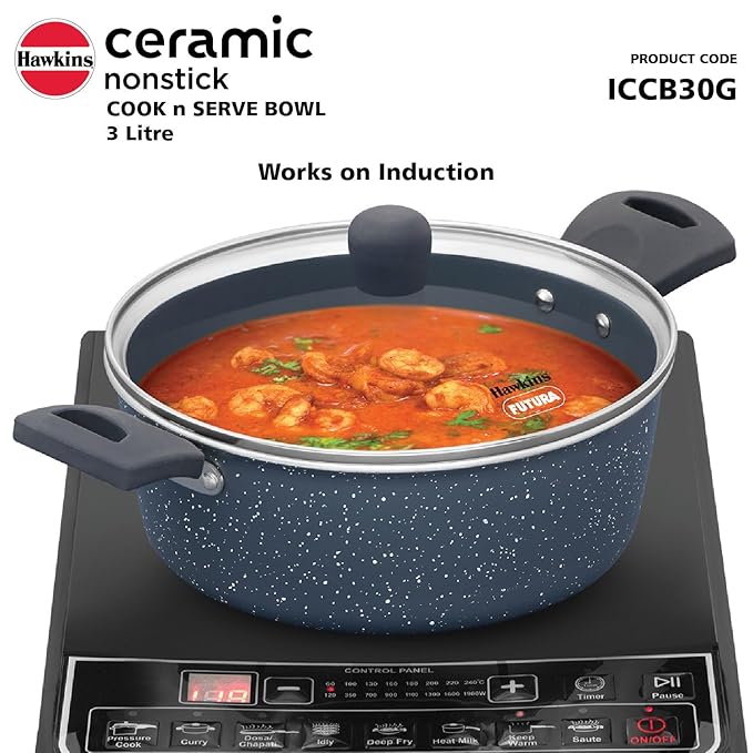 Hawkins Ceramic Nonstick Cook n Serve Bowl with Glass Lid 3 Litre Induction