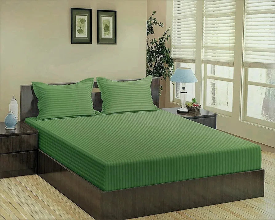 Trance Home Linen 100% Cotton 78x66 inch 200TC Satin Stripe Elastic Fitted Bedsheet Daily Use Double Bed Fitted Bedspread with 2 Pillow Covers Colour Moss Green