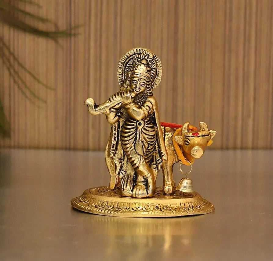 Collectible India Metal Krishna Idols with Cow