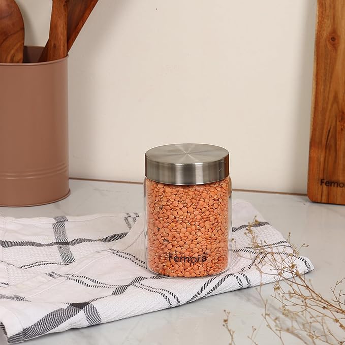 Femora Kitchen Storage Jars Borosilicate Glass With Steel Lid Air Tight Jar | 350 Ml | Pack of 6