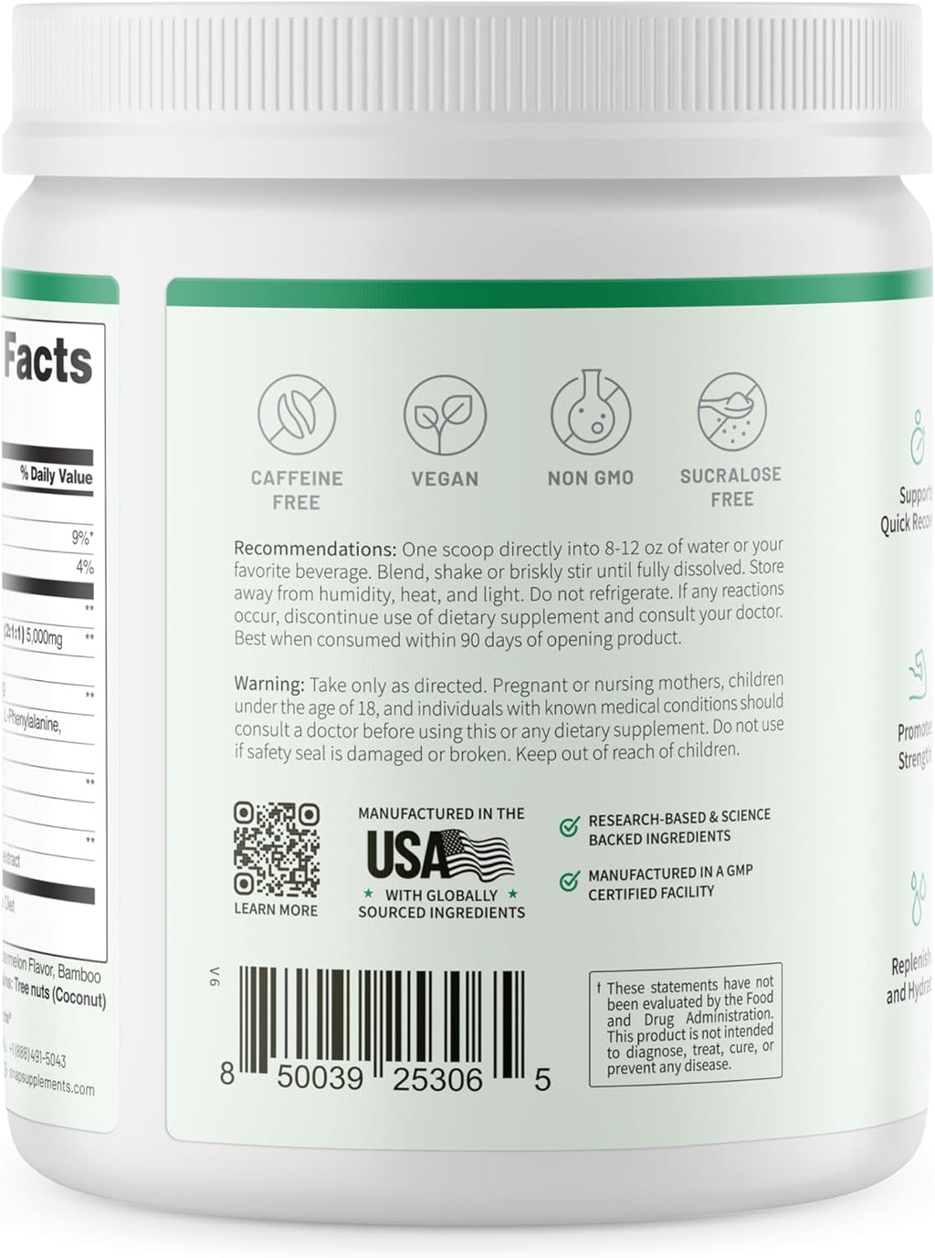 Snap Supplements BCAA Powder - 5g Vegan Branched Chain Amino Acids (2:1:1 Leucine Isoleucine Valine) + Essential Amino Acids with Nitric Oxide Booster, 30 Servings, Pomegranate Watermelon