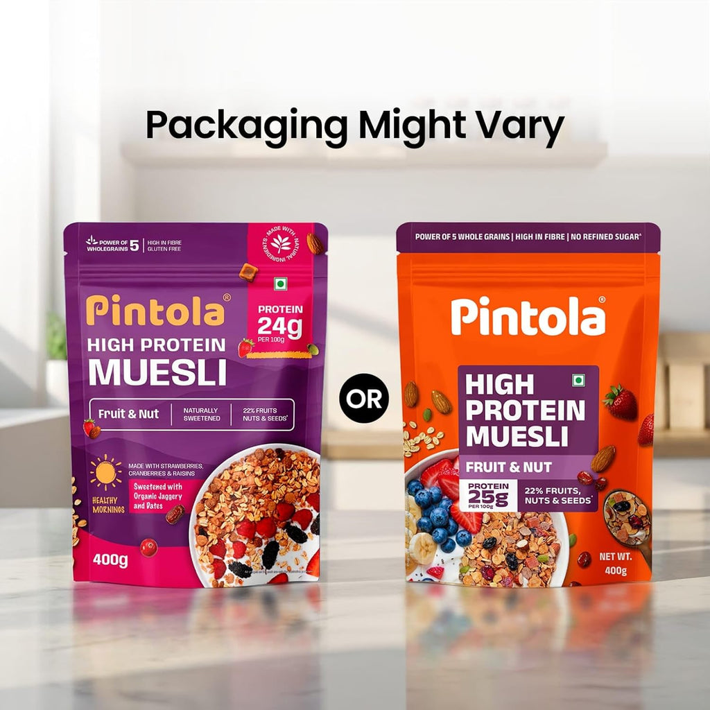 Pintola 25g High Protein Fruit & Nut Muesli 400g, Naturally Sweetened with Organic Jaggery & Dates, No Refined Sugar, Gluten-Free, Breakfast Cereal