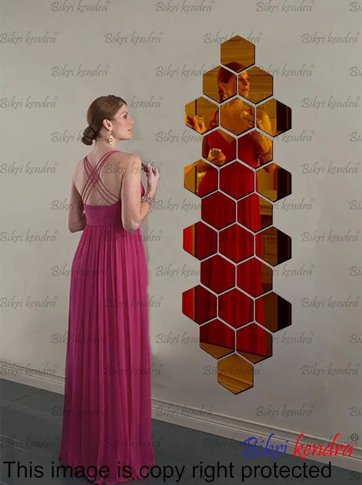 Bikri Kendra Plastic Hexagonal 24 Golden Mirror Stickers for Wall Acrylic Mirror Wall Decor Sticker Acrylic Stickers
