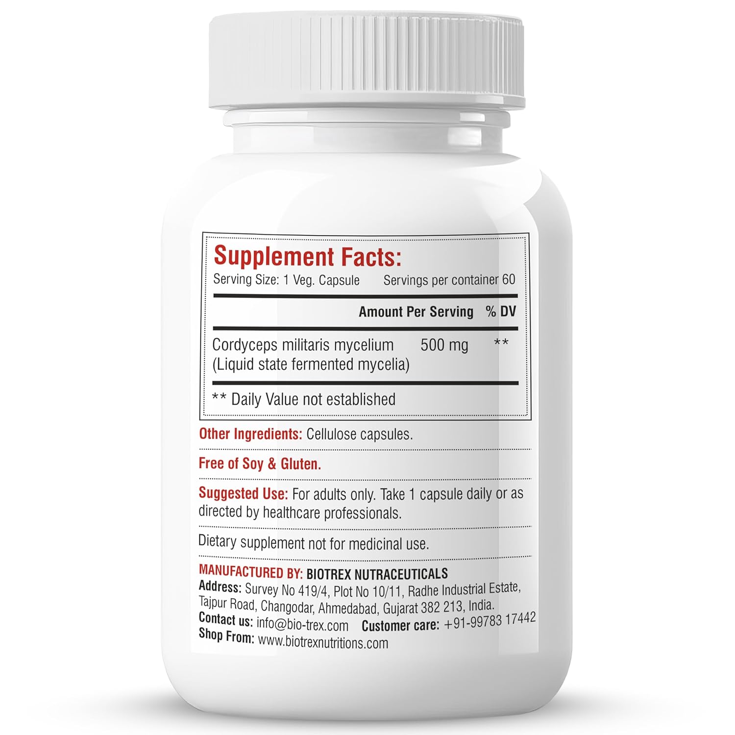 Biotrex Nutraceuticals Cordyceps 500mg | Endurance & Energy Booster | Supports Immune Function | Healthy Brain Function | Overall Wellbeing | 60 Veg Capsules