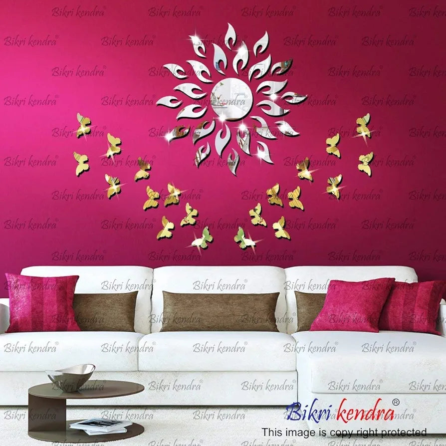 Bikri Kendra 3D Acrylic Glass Sun Butterfly Mirror Wall Mount Sticker
