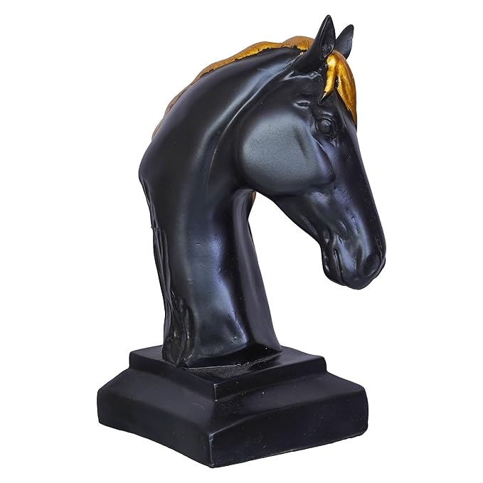 Ecraftindia Black Horse Head Statue With Golden Hair Animal Figurine Showpiece