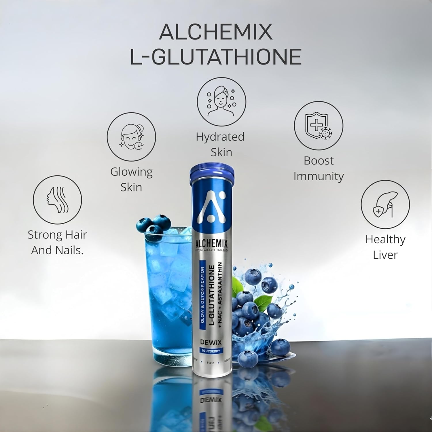 Alchemix Dewix L-Glutathione 600mg Effervescent Tablets with NAC 300mg, Astaxanthin, Vitamin C, Blueberry Flavor, Glow & Detoxification, Sugar-Free, 16 Tablets (1, Blueberry)
