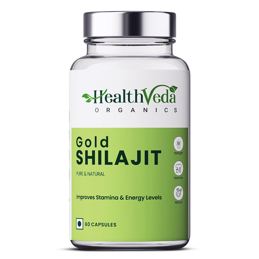 Health Veda Organics Original Gold Shilajit with Ashwagandha, Safed Musli, Gokharu & Kesar, +10 Ayurvedic Herbs, Build Muscle Mass - 60 Veg Capsules