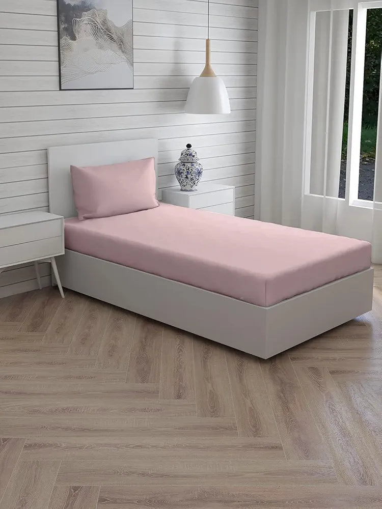 Trance Home Linen Premium 300 TC Solid Pure 100% Cotton Single Size Fitted Bedsheet with 1 Pillow Cover Colour Cameo Rose