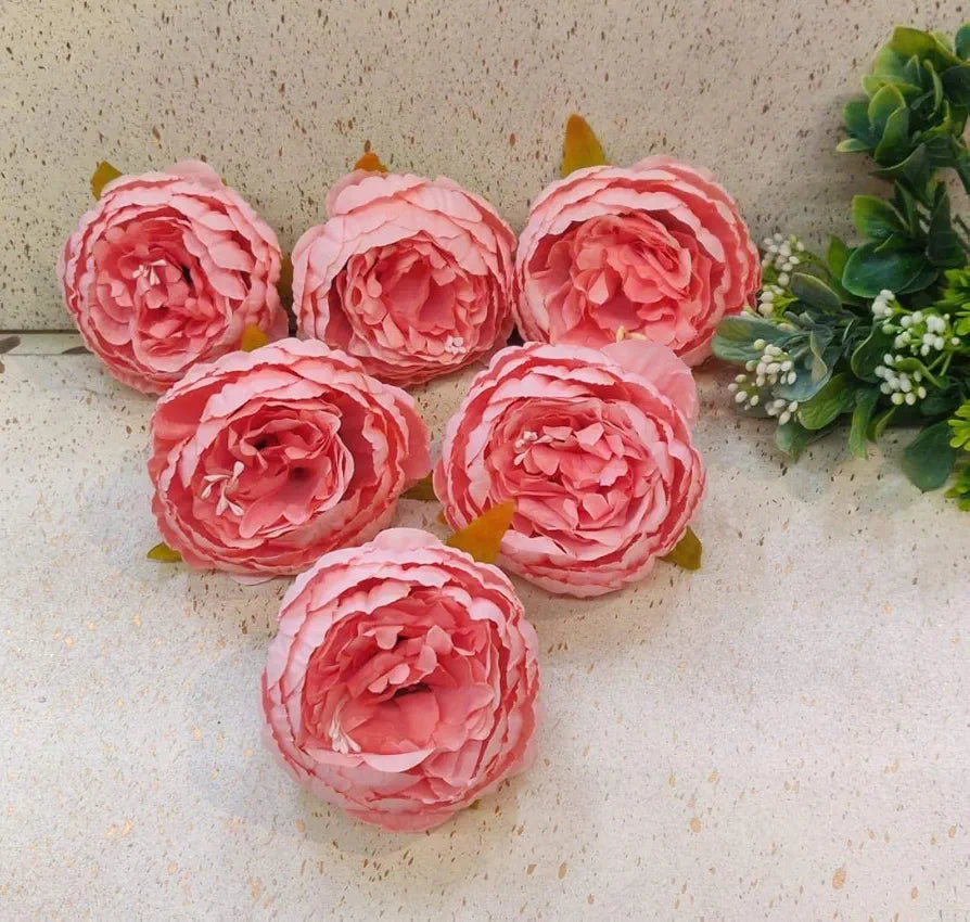 6 Pcs Artificial Fabric Rose Flower Heads Handmade Peony Style Flowers Light Pink