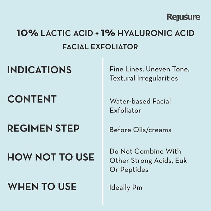 Rejusure Lactic Acid 10% + Hyaluronic Acid 1% Facial Exfoliator - Hydrating and Rejuvenating Serum - 30 Ml