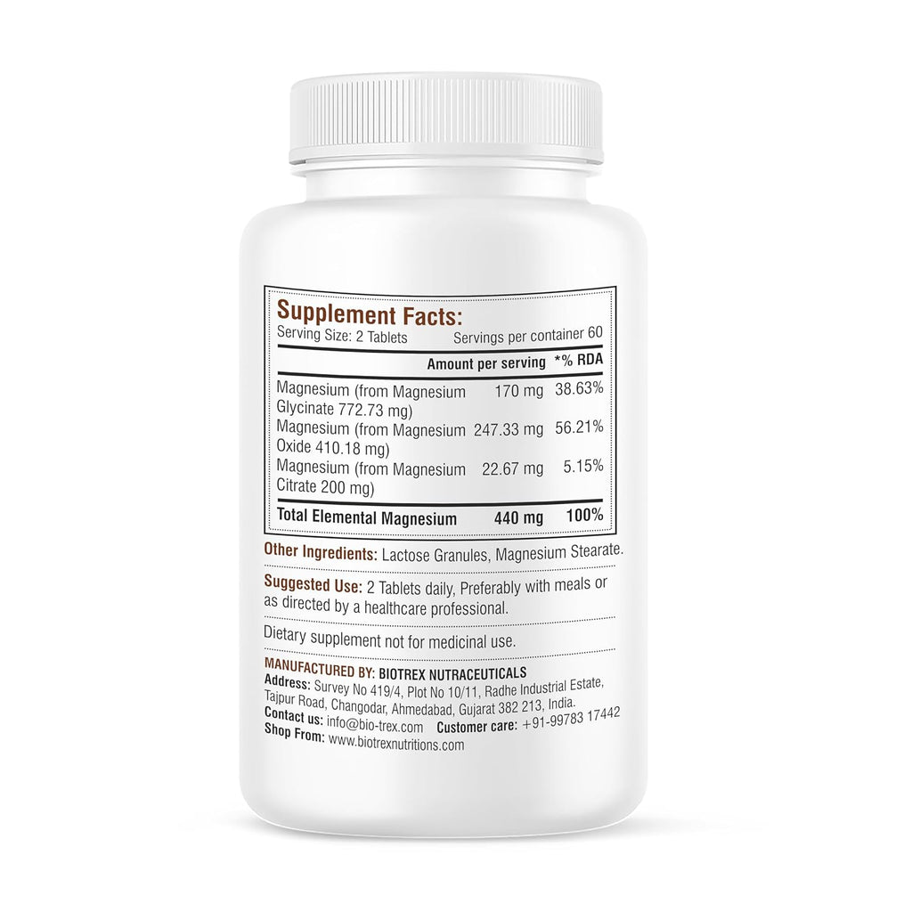 Biotrex Nutraceuticals Chelated Magnesium Complex, Magnesium Riched Source From Glycinate, Oxide & Citrate, Supports Bone, Muscle & Nerves Health - 120 Vegetarian Tablets
