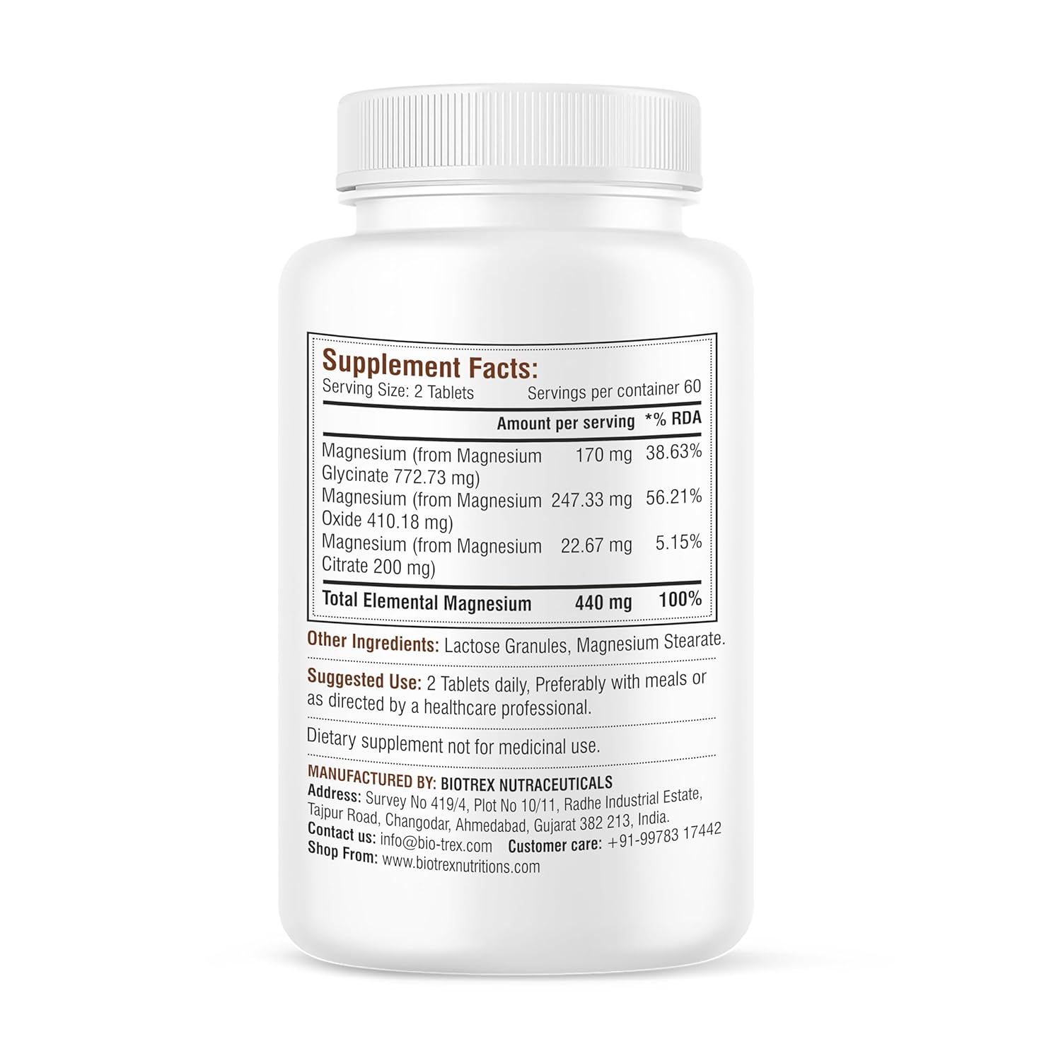 Biotrex Nutraceuticals Chelated Magnesium Complex, Magnesium Riched Source From Glycinate, Oxide & Citrate, Supports Bone, Muscle & Nerves Health - 120 Vegetarian Tablets