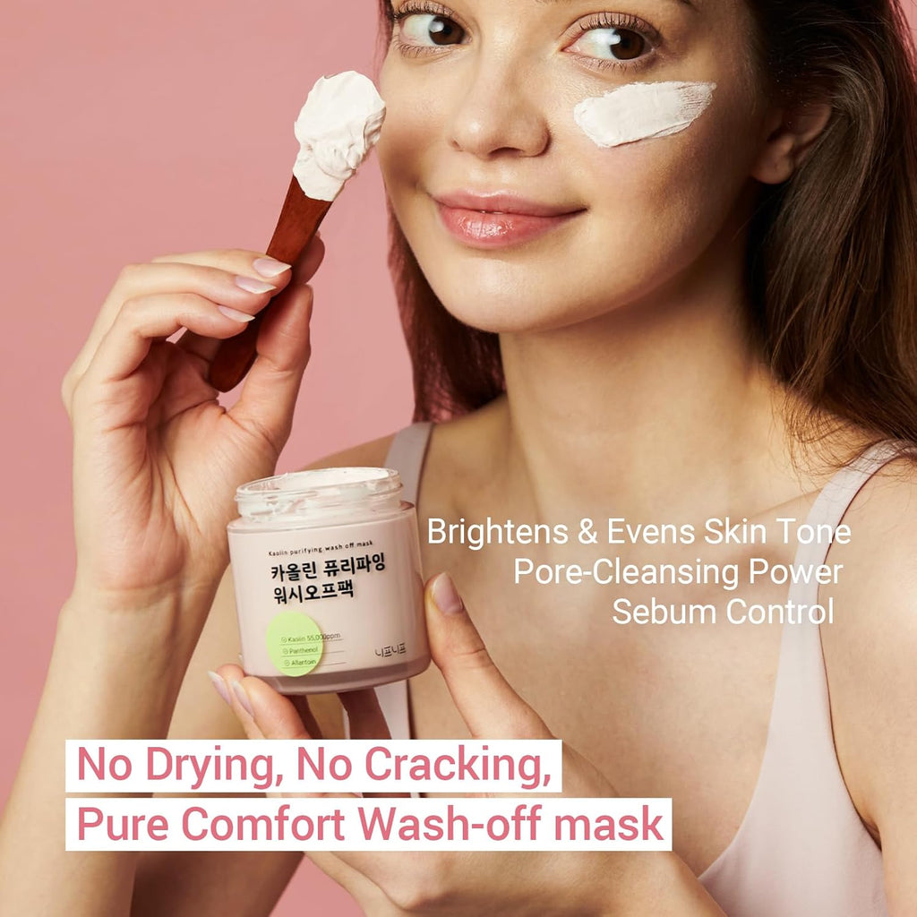 Kaolin Purifying Wash Off Pack, Pore Cleansing Mask for Dry Sensitive Skin, Softening amd Hydrating, Korean Skincare (3.88oz / 110g)