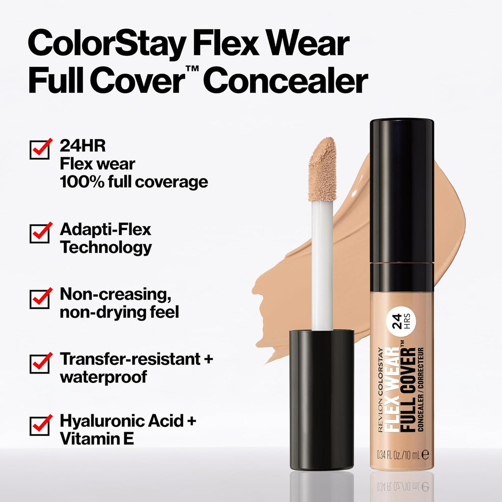 Revlon ColorStay Flex Wear, Full Cover Non-Creasing Concealer, Infused with Hyaluronic Acid & Vitamin E, Flexible Longwear, 030 Light Medium, 10 ml