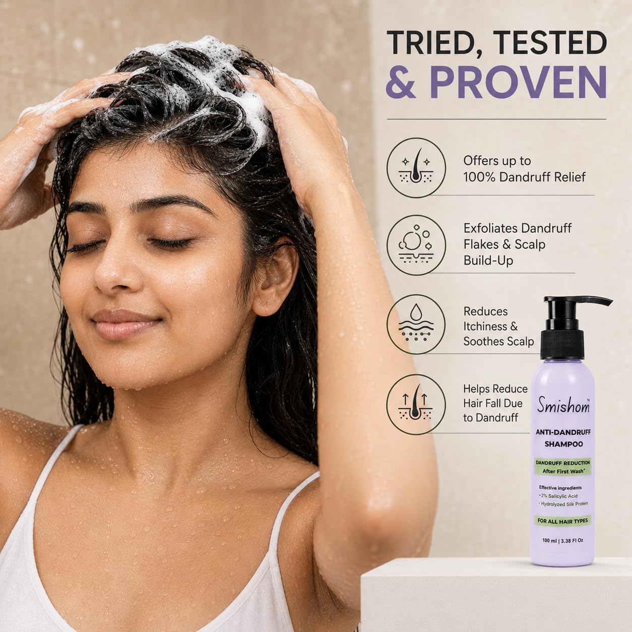 Smishom Anti-Dandruff Shampoo | Dandruff Reduction After First Wash | ZPTO-Free | pH balance | 2% Salicylic Acid & Hydrolyzed Silk Protein | Reduces Dandruff, Itchy Scalp | For All Hair Types | Light Lavender -100 ml