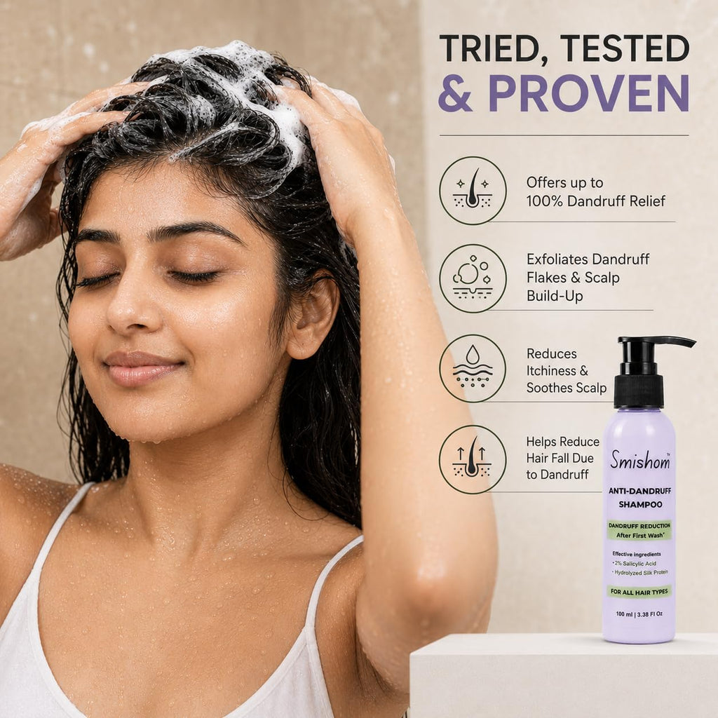 Smishom Anti-Dandruff Shampoo | Dandruff Reduction After First Wash | ZPTO-Free | pH balance | 2% Salicylic Acid & Hydrolyzed Silk Protein | Reduces Dandruff, Itchy Scalp | For All Hair Types | Light Lavender -100 ml