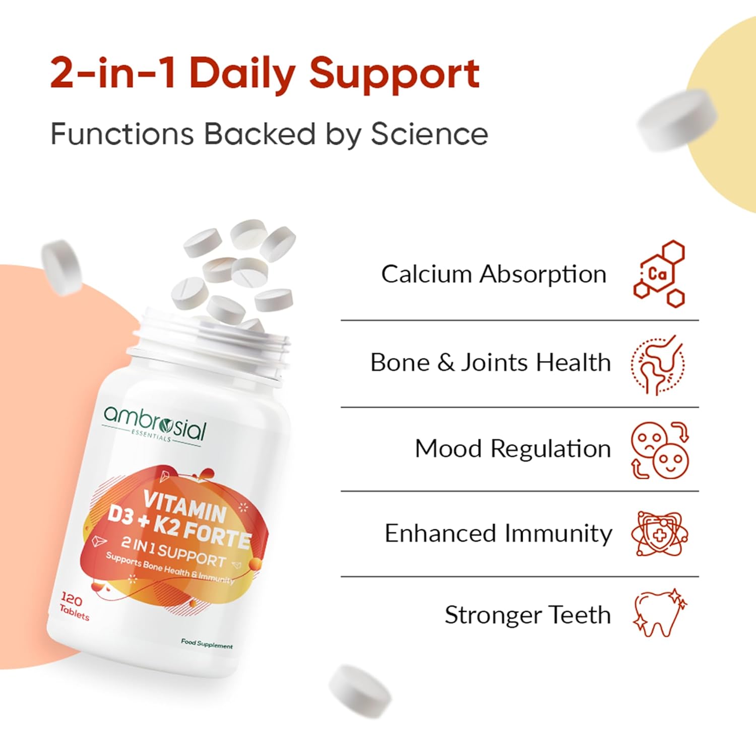 Ambrosial Vitamin D3 K2 Forte 120 Tablets | Vitamin D 3 k 2 Supplement for Bone, Heart & Immune Health Vitamin D3 (600 IU) with MK-7 Vitamin K2 | Plant-Based High Absorption Daily supplements