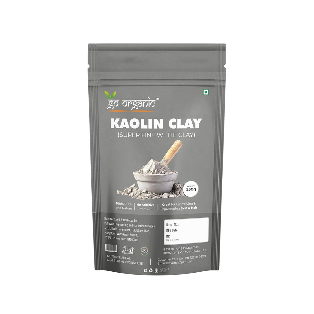 Go Organic White Kaolin Clay Powder for Skin Face Mask, 250g, Natural Ingredients, Gentle Exfoliation, Deep Cleansing,China clay | White Clay | Vegan and Organic | Paraben free | Reduces Acne, De Tan & Blackheads | Fack Pack | Hair Pack |