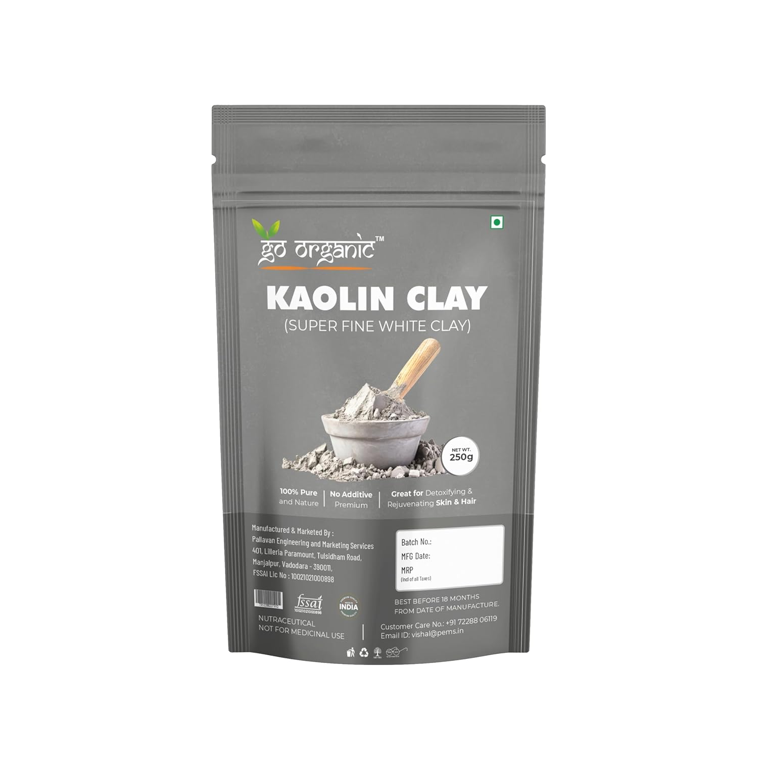 Go Organic White Kaolin Clay Powder for Skin Face Mask, 250g, Natural Ingredients, Gentle Exfoliation, Deep Cleansing,China clay | White Clay | Vegan and Organic | Paraben free | Reduces Acne, De Tan & Blackheads | Fack Pack | Hair Pack |