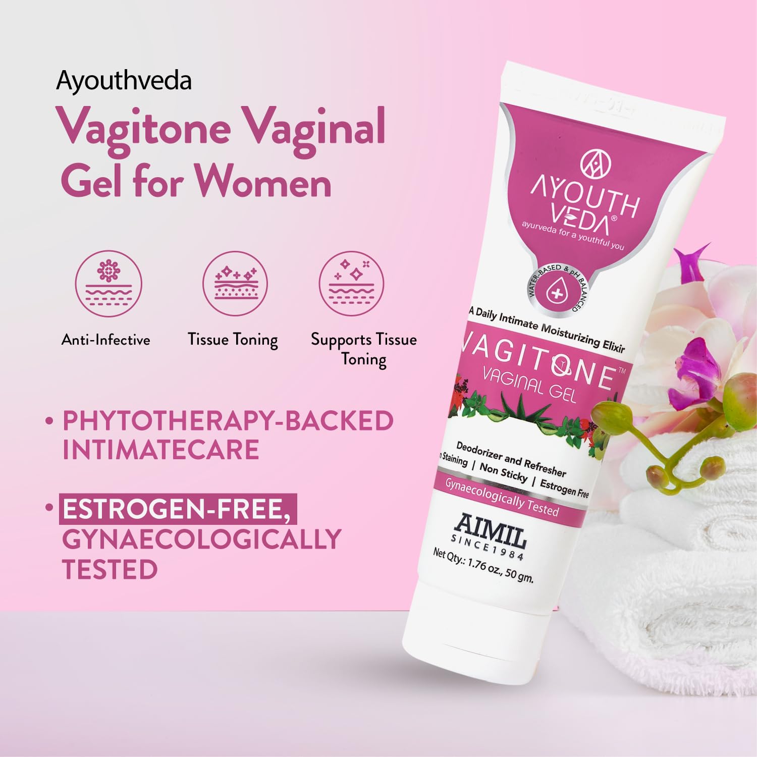 Ayouthveda Vagitone Vaginal Gel for Women | Dual-Action Anti-Infective & Toning Gel | Controls Infections Secretions | Estrogen-Free, Gynaecologically Tested | With Sphatika, Amla & Maju Phal | 50g (Pack of 1)