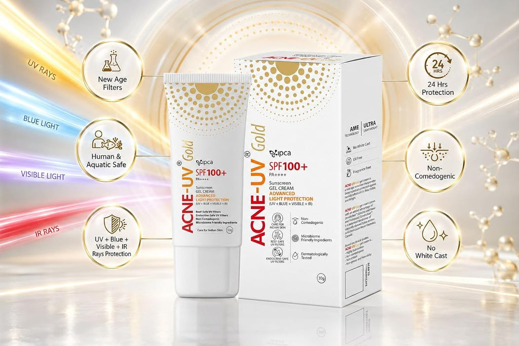 Ipca ACNE-UV GOLD Sunscreen SPF 100+ PA++++ | 30g Oil Free, Non Comedogenic Silicone Gel Sunscreen | UVA/UVB Protection | Water Resistant | No White Cast | Suitable for All Skin Types