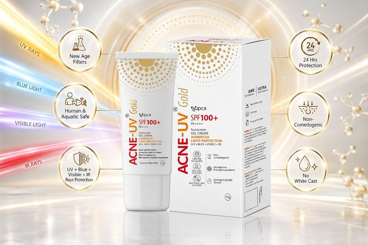 Ipca ACNE-UV GOLD Sunscreen SPF 100+ PA++++ | 30g Oil Free, Non Comedogenic Silicone Gel Sunscreen | UVA/UVB Protection | Water Resistant | No White Cast | Suitable for All Skin Types