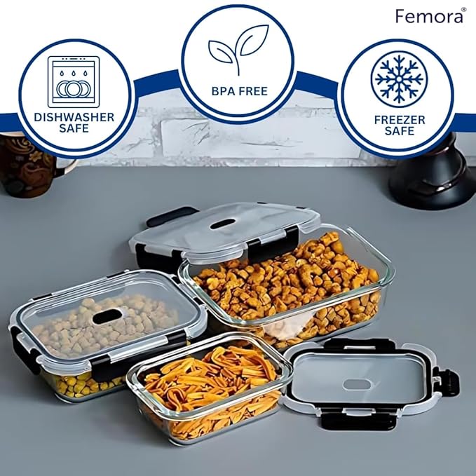 Femora Set of 3 Borosilicate Glass Rectangle Black Container With Dectahable & Break Free Lid, 400 Ml, 620 Ml, 1000ml | Microwave Safe