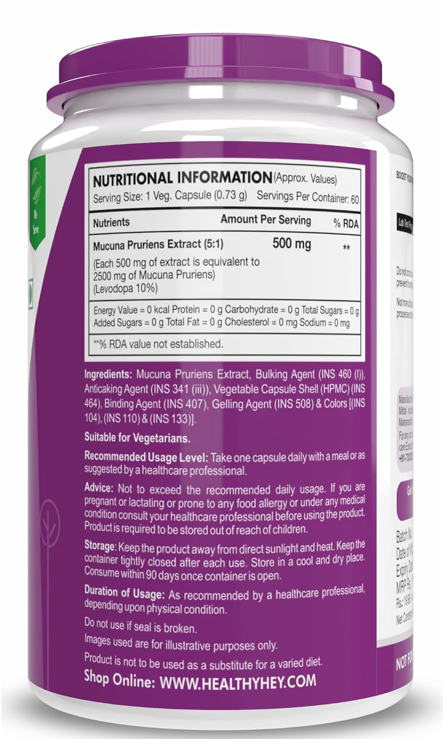 HealthyHey Nutrition Mucuna Pruriens Extract - For Mood and Motivation Support (60 Veg. Capsules)