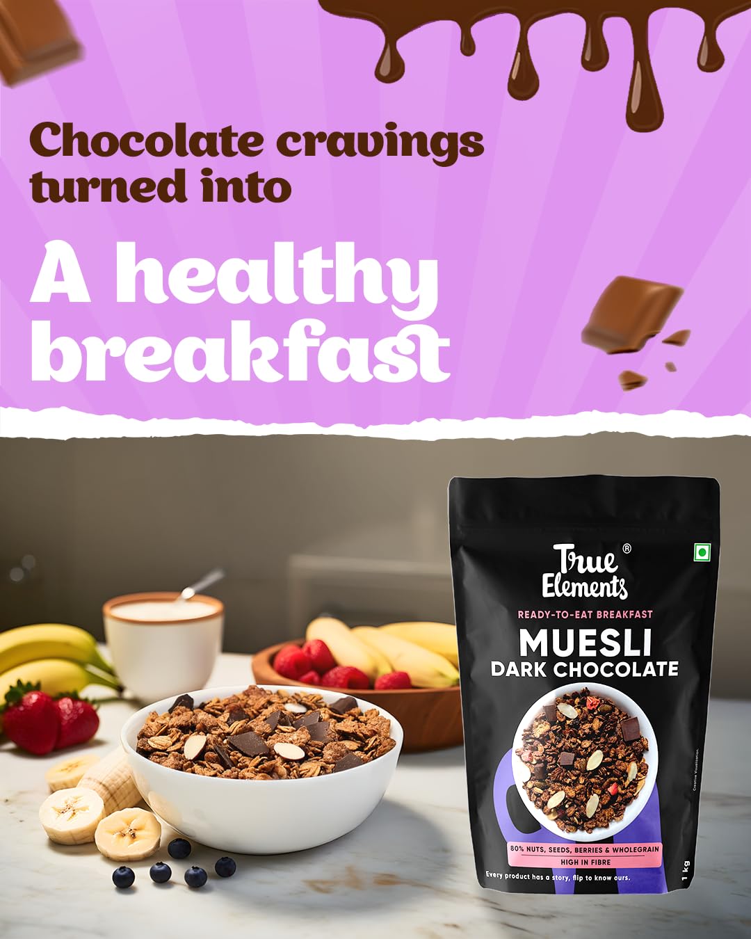 True Elements Dark Chocolate Muesli 1kg | Nuts & Berries Muesli | 13g Clean Protein | 13% Millet | Cereal for Breakfast | Gluten Free Breakfast