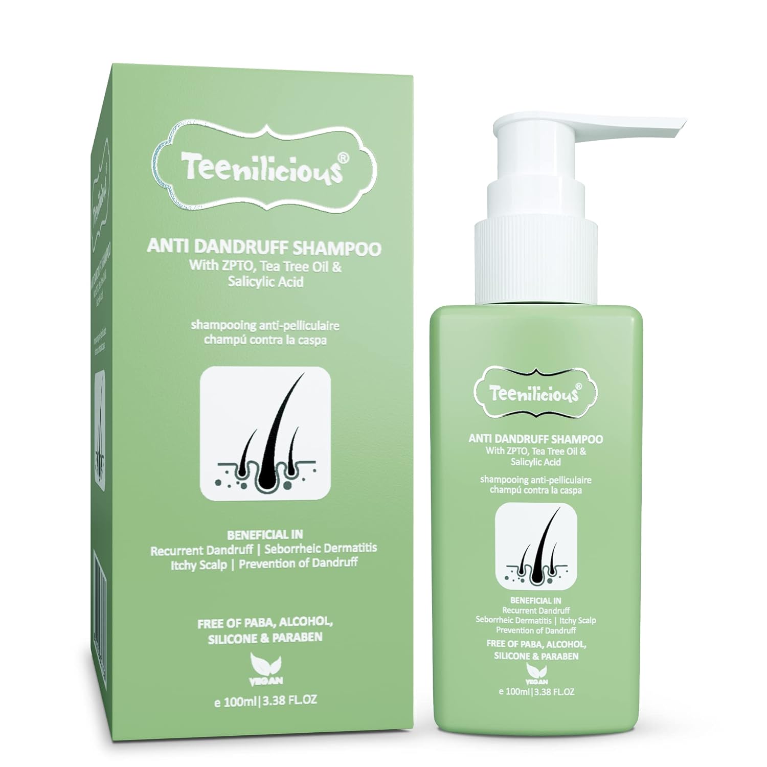 Teenilicious Anti Dandruff Shampoo for Women & Men | Natural Tea Tree Oil with 1.0% Salicylic Acid | Shampoo for Dandruff and Itchy Scalp | Free from Alcohol, Silicones, Paraben & Sulphates - 100ml