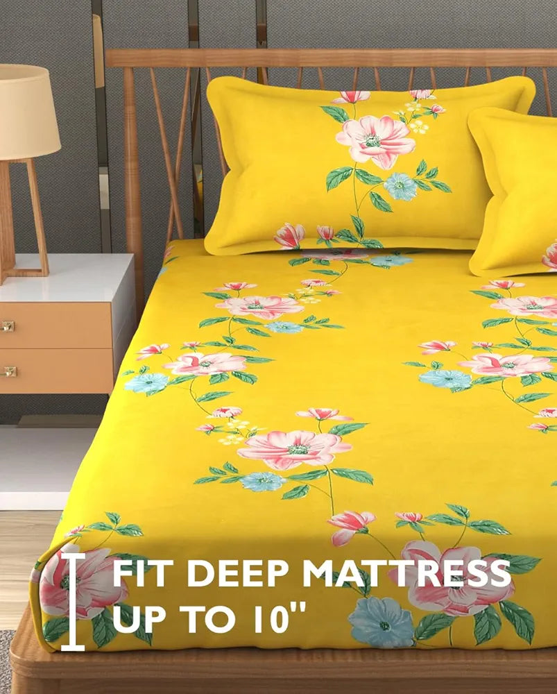 Fresh From Loom Hypoallergenic King Size Floral Print Bedsheet Set 240 TC Includes 2 Pillow Covers Daisy-Yellow