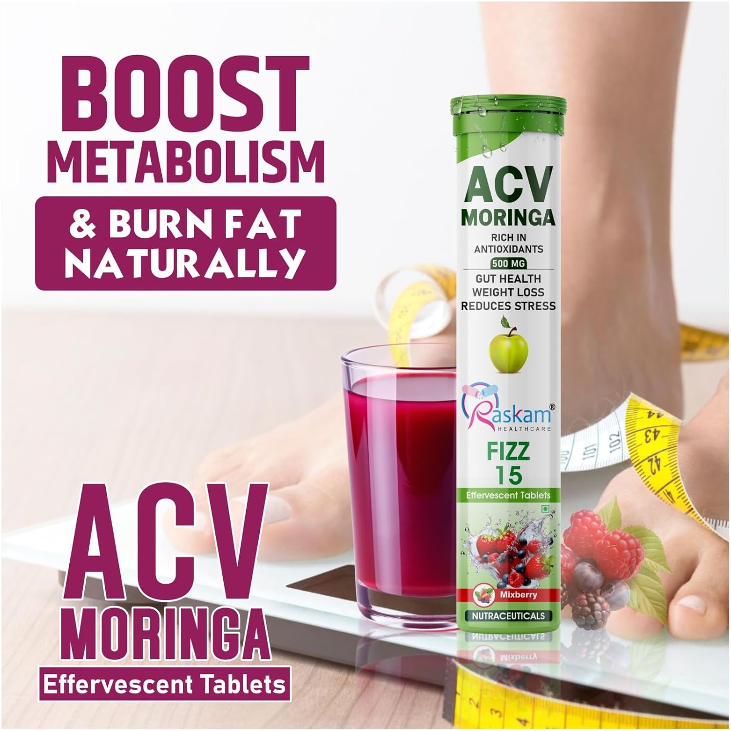 ACV Moringa Effervescent Tablets | Fizz 15 Tablets in Mixberries Flavour | Natural Energy & Immunity Booster with Antioxidants to Control Cravings | 500mg (Pack of 1)