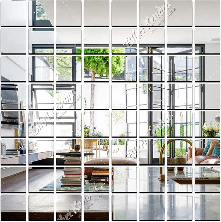 Bikri Kendra 60 Big Square Silver Mirror Stickers for Wall Acrylic Mirror Sticker 3D Acrylic