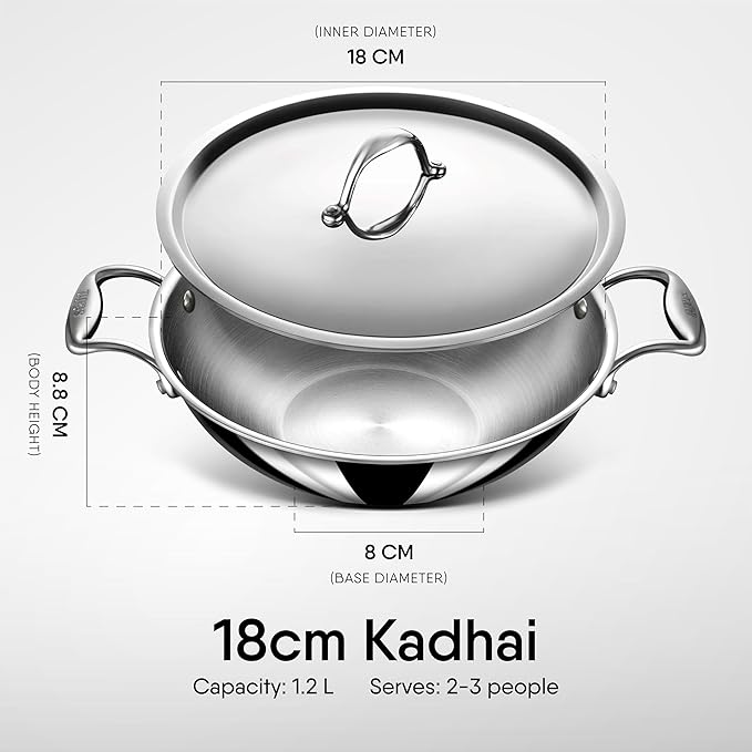 Stahl Artisan Triply Stainless Steel Kadhai With Lid | Kadai for Cooking | Induction & Gas Stove Compatible | 1.2 L |18 Cm