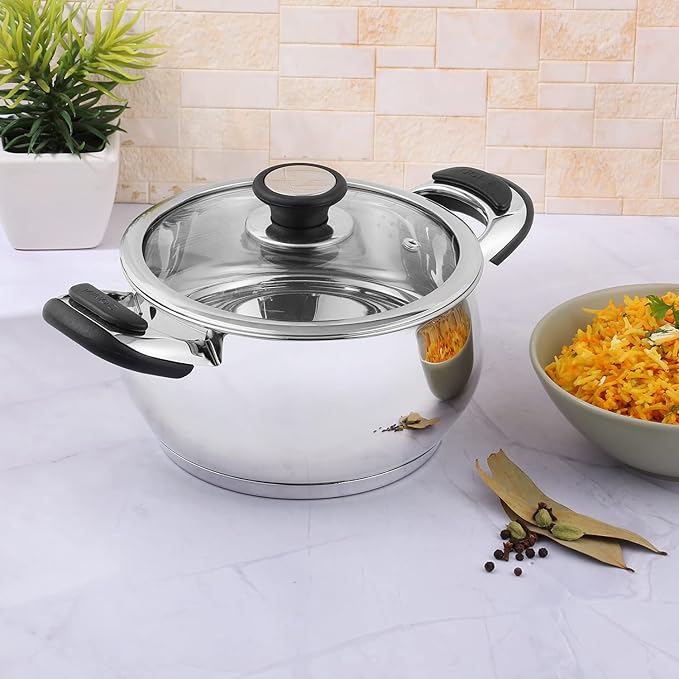 Vinod Durban Stainless Steel Saucepot Handi with Glass Lid - 2.7 Litre, 18 cm | Stylish Durable Handles