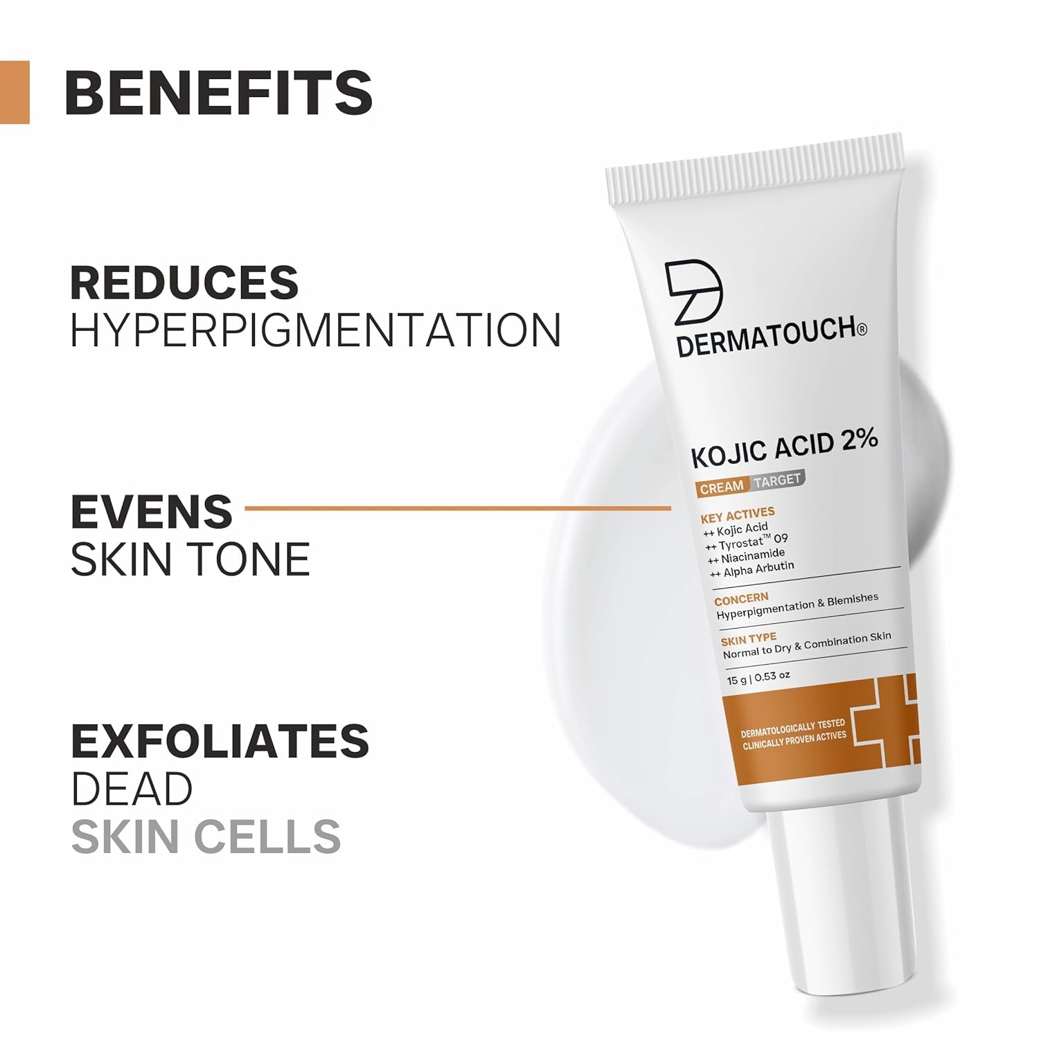 DERMATOUCH Kojic Acid 2% Cream | Non-Greasy | For Pigmentation, Blemishes and Dark Spots Reduction | 15g