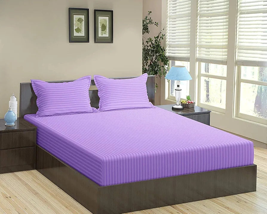 Trance Home Linen 100% Cotton 78x66 inch 200TC Satin Stripe Elastic Fitted Bedsheet Daily Use Double Bed Fitted Bedspread with 2 Pillow Covers Colour Lilac Purple