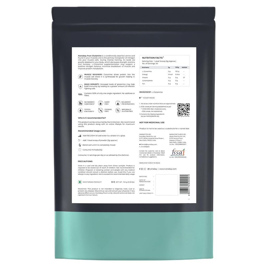 Nutrabay Pure L-Glutamine Powder 5000mg, Amino Acid - Post Workout Supplement for Muscle & Immunity Build Up - 150g, Unflavoured | 100% Authentic Supplement | No Banned Substances | Tested for Purity