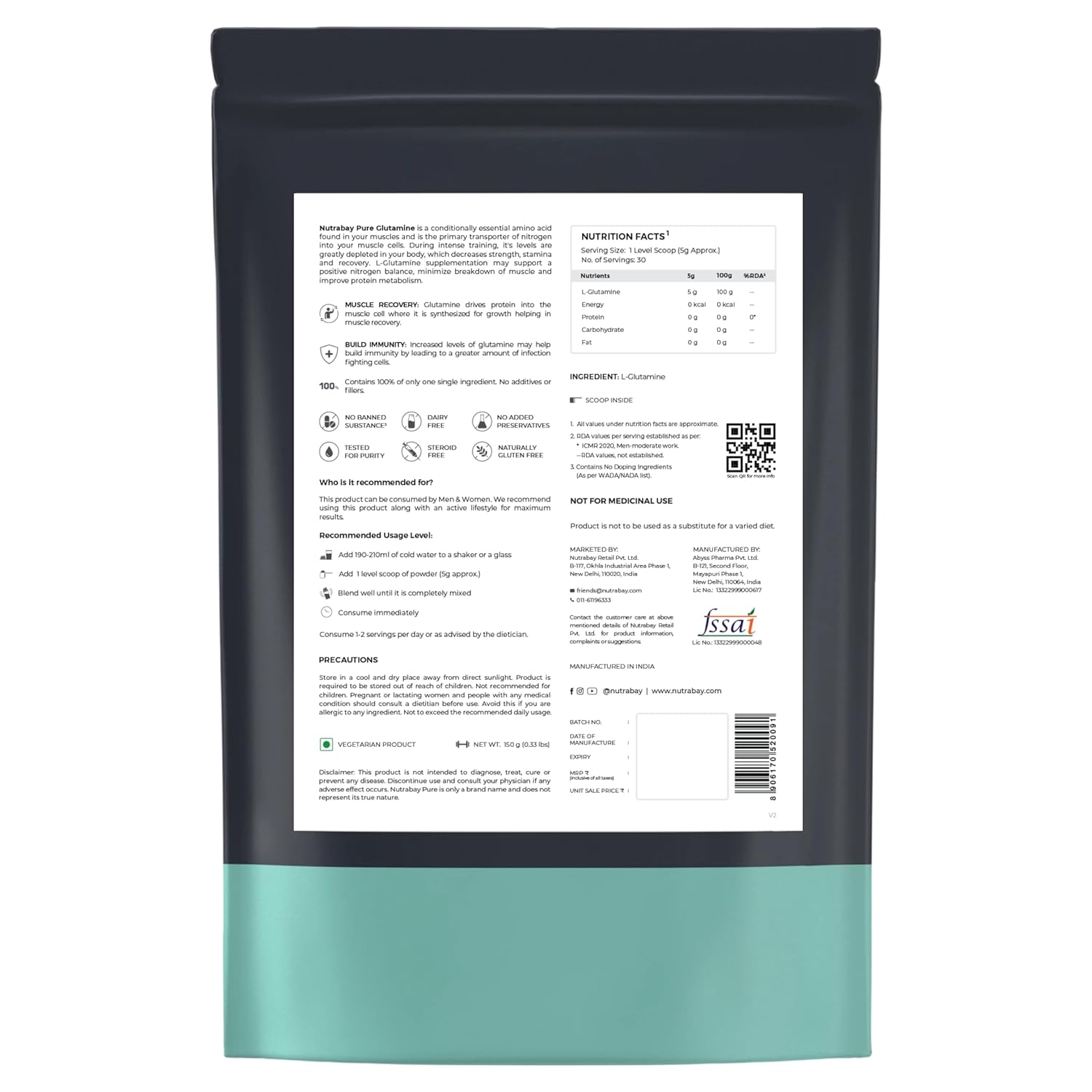 Nutrabay Pure L-Glutamine Powder 5000mg, Amino Acid - Post Workout Supplement for Muscle & Immunity Build Up - 150g, Unflavoured | 100% Authentic Supplement | No Banned Substances | Tested for Purity