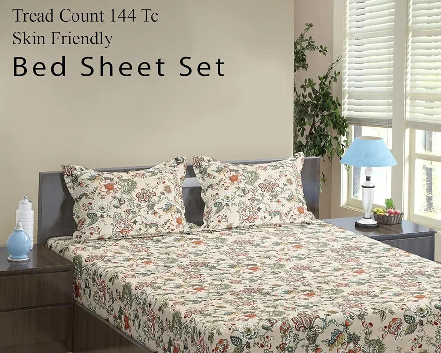 Trance Home Linen 144TC 100% Cotton 78"x72" Standard King Size Elastic Fitted Bedsheet Printed King Bed Size with 2 Pillow Covers Colour Malhaar Beige
