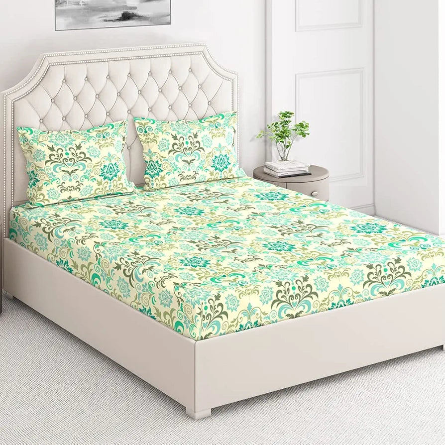 Layers Classic Cotton Bedsheet Set for All Seasons Lightweight 104 TC Queen Size Green, Ethnic Pattern