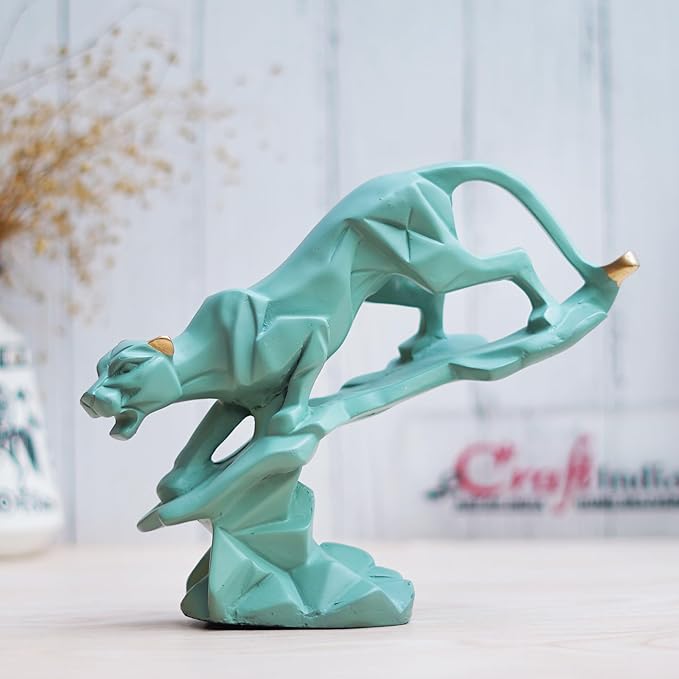 Ecraftindia Green Polyresin Black Panther Jaguar Statue on Rock Animal Showpiece