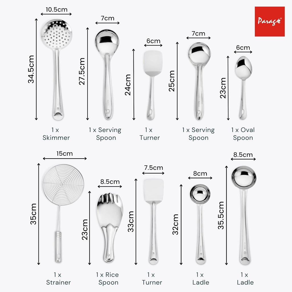 Parage Stainless Steel 10 Pieces Cooking Spoons Set | Kitchen Cooking Essential Set for Home