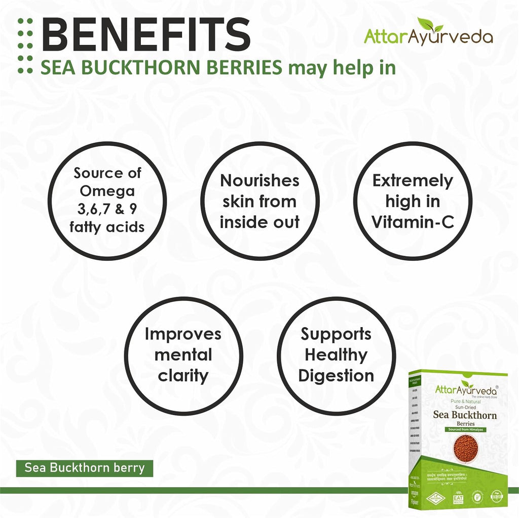 Attar Ayurveda Sea buckthorn berry 100 grams (Sun-dried) | Sourced from Himalyas | Rich in Vitamin C & Antioxidants | Natural Superfood for Immunity & Skin Health | 100% Pure & No Added Sugar