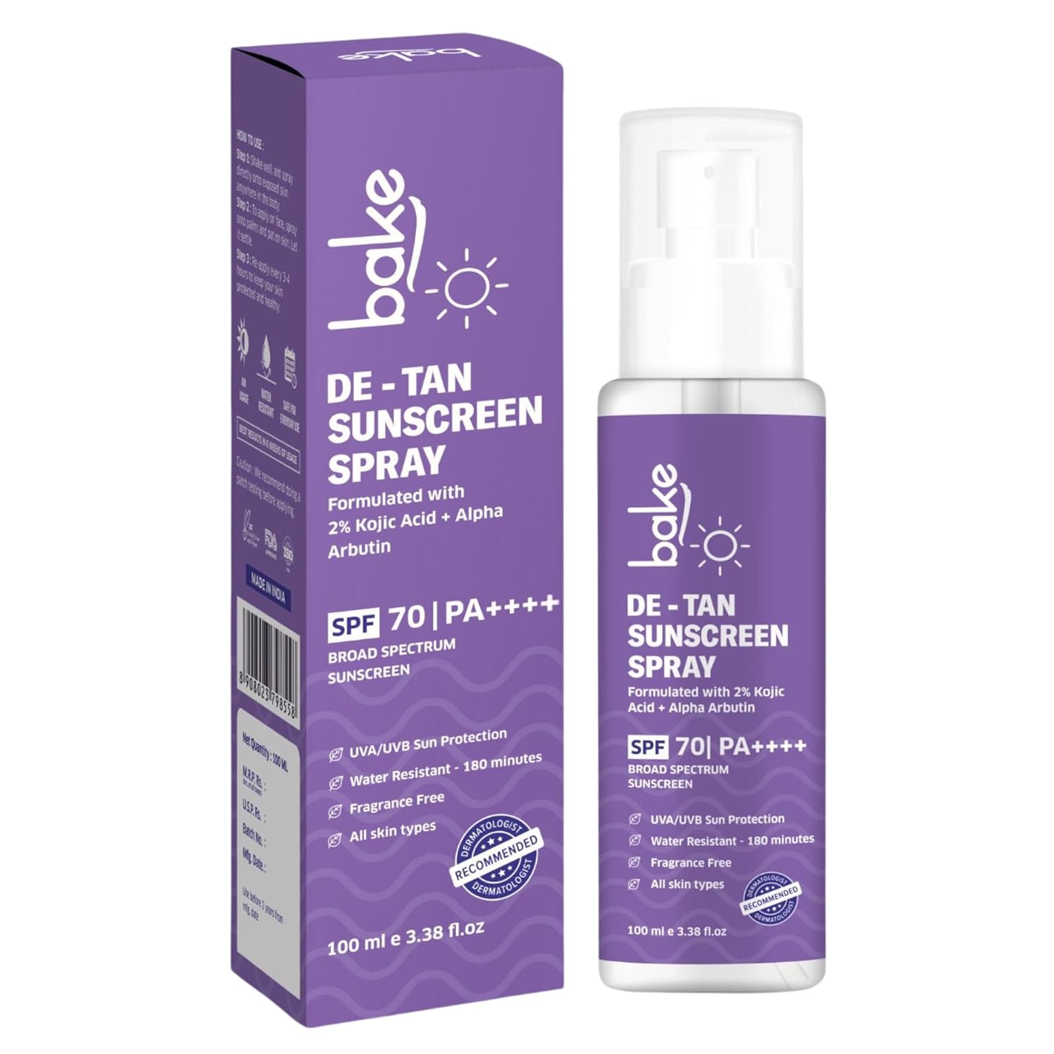 BAKE Spf 70 Sunscreen Spray Pa++++|Waterproof - 180 Minutes|With 2% Kojic Acid & Alpha Arbutin,Sweat Resistant|For Tan Removal,Pigmentation & Uva/B Sun Protection|No Whitecast,Lightweight - 100Ml,All